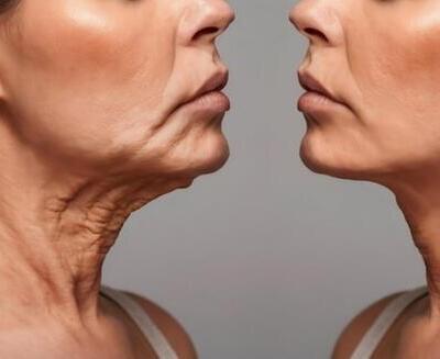 Comparación en paralelo de la parte inferior de la cara y el cuello de una mujer, mostrando la piel suelta y arrugada a la izquierda y la piel más tersa y firme a la derecha.