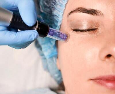 Una persona recibe un tratamiento cutáneo facial cerca del ojo con un dispositivo de microagujas mientras lleva puesto un gorro quirúrgico.