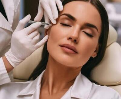 Una mujer con los ojos cerrados recibe una inyección cerca del ojo de un profesional médico enguantado en un entorno clínico.