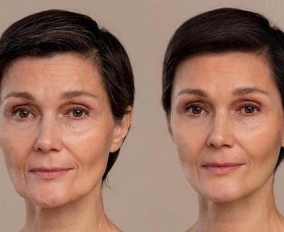 Comparación del rostro de una mujer: a la izquierda, con más arrugas y un tono de piel desigual; a la derecha, con una piel más lisa y uniforme.