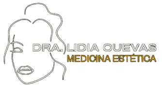 El logotipo presenta un dibujo lineal abstracto del rostro de una mujer junto al texto "Dra. Lidia Cuevas Medicina Estética" en letras plateadas y doradas.