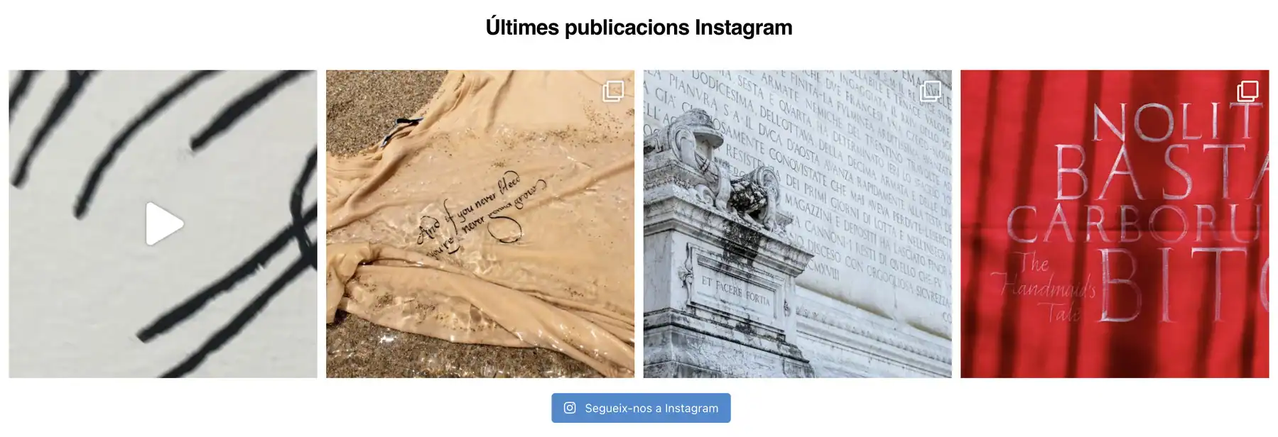 Se muestran cuatro publicaciones de Instagram: un primer plano de líneas negras sobre blanco, una camisa beige mojada, un monumento de piedra con nombres grabados y una cortina roja con texto blanco.