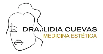 Logotipo con un dibujo lineal minimalista del rostro de una mujer y el texto "Dra. Lidia Cuevas Medicina Estética" en negro y dorado.