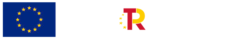 Bandera de la Unión Europea junto al logotipo español del "Plan de Recuperación, Transformación y Resiliencia" con texto sobre la financiación del programa NextGenerationEU de la UE.
